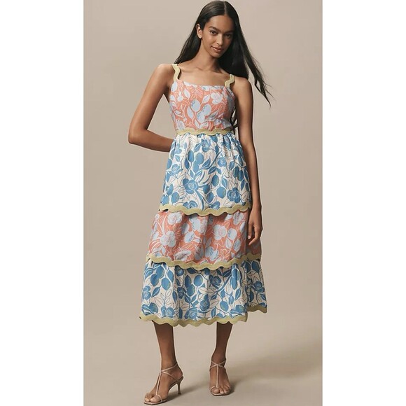Farm Rio Anthropologie Midi Dress Blue Linen Blend Tiered Rickrack Vacay XL NWT